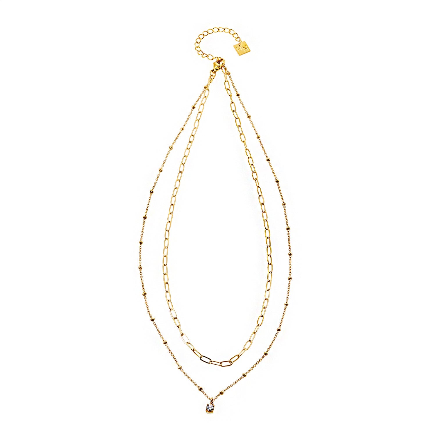 KATERI Gold: Pre-Layered Chains Necklace with a Solitaire Zirconia Charm Pendant.