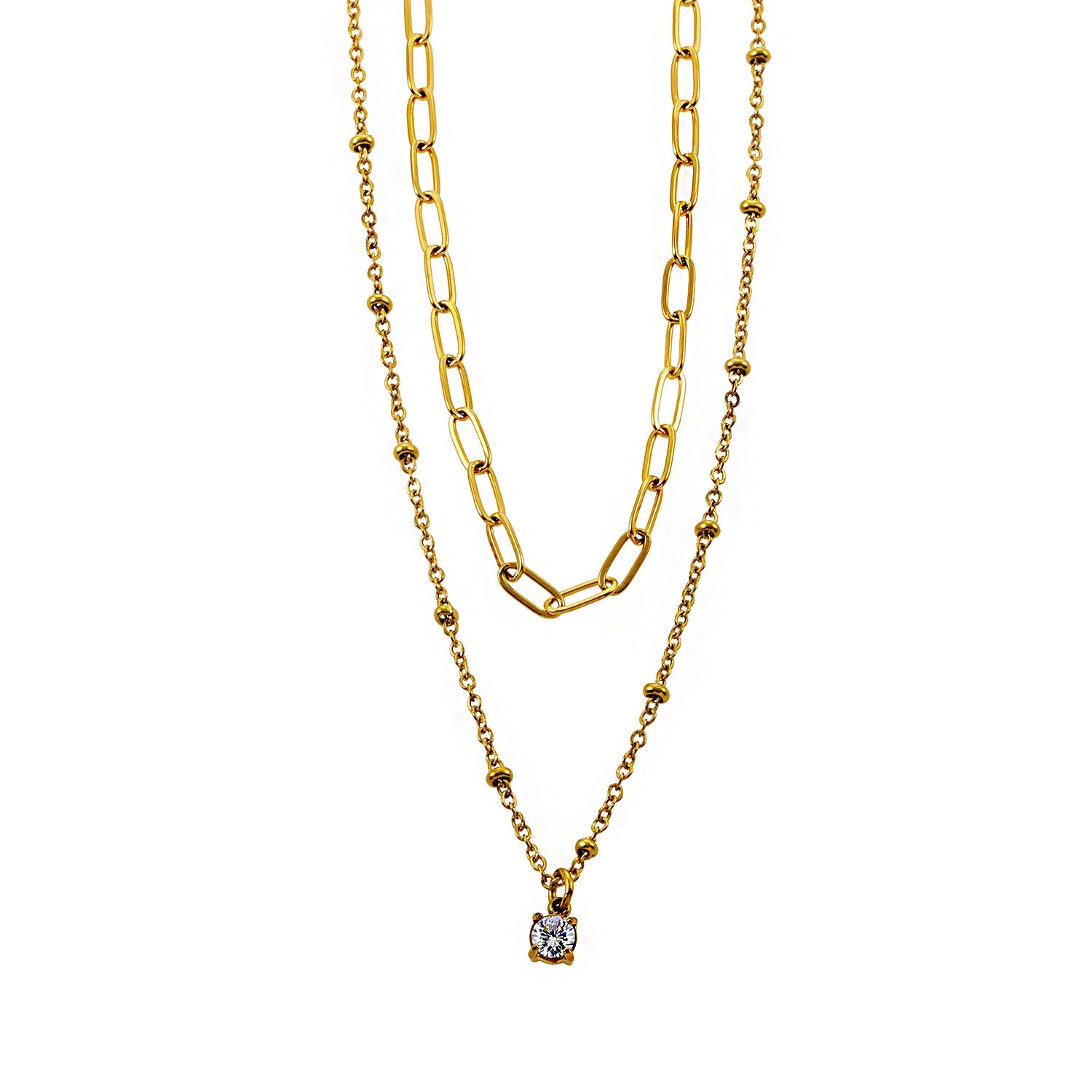 KATERI Gold: Pre-Layered Chains Necklace with a Solitaire Zirconia Charm Pendant.